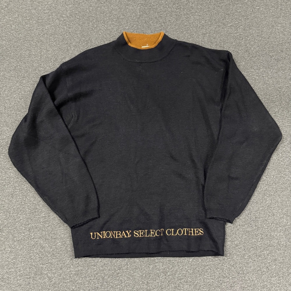 Vintage Unionbay Knit Sweater Mens Large Black Good Mock Neck Embroidered